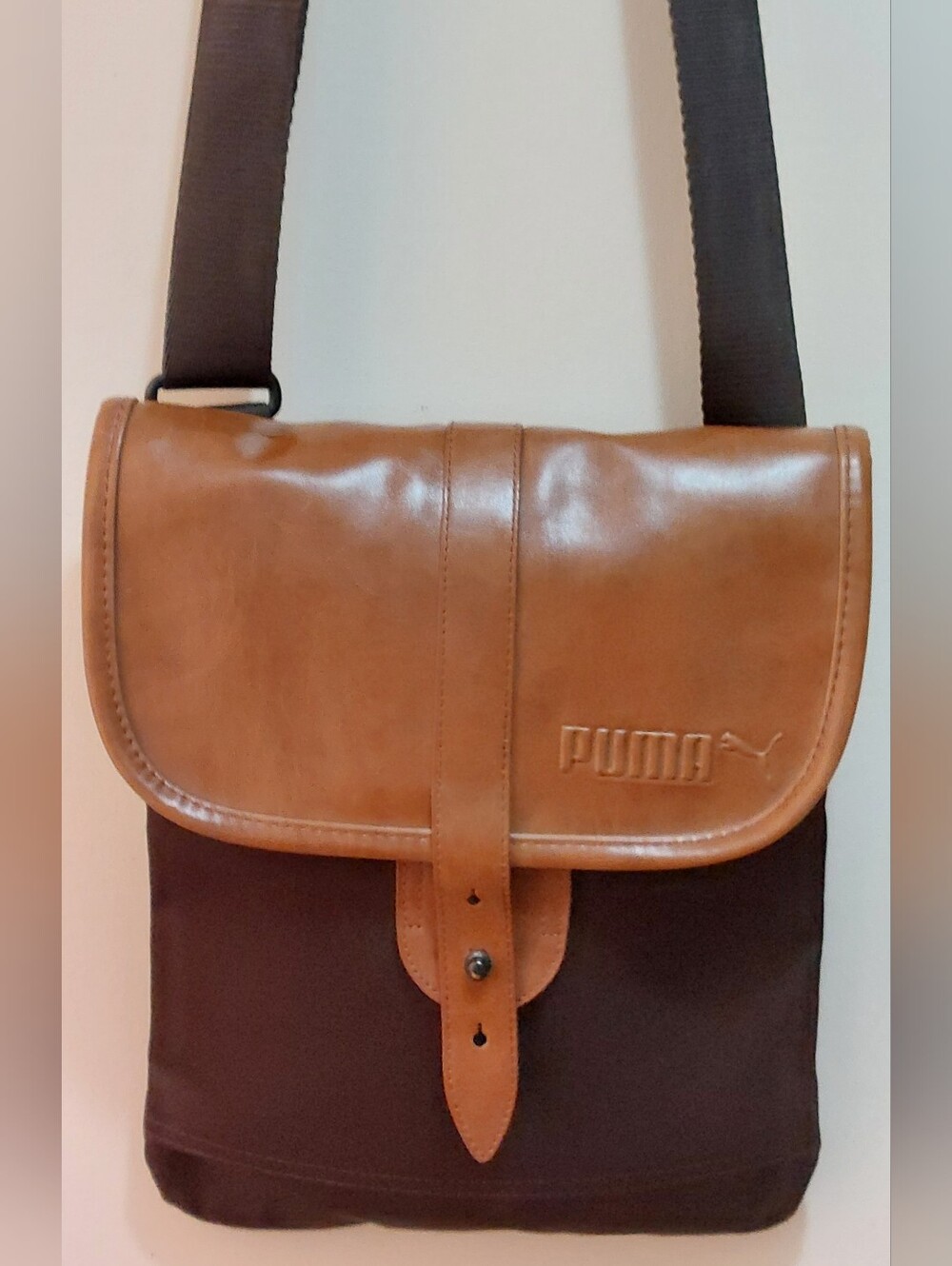 Puma Brown Messenger Bag/Crossbody Bag With Brown Leather Front Flap+ Front Logo